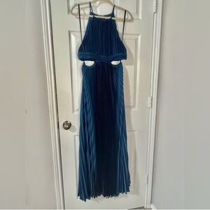 Teal blue green cut out pleated maxi dress, formal